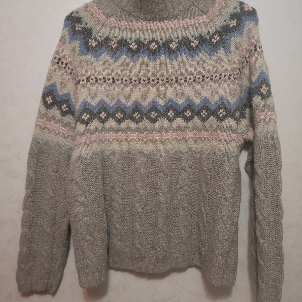 ​Partners Size L Gray Fair Isle Cable Knit Turtleneck Sweater Multicolor